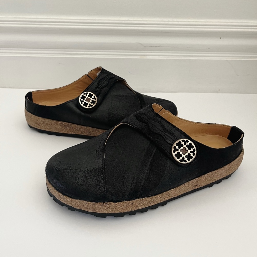 HAFLINGER Adventure Clog Mules Comfort Shoes Black Leather Size 39 US 8-8.5 New
